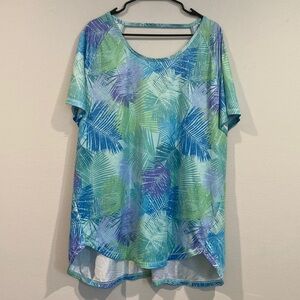 Reel Legends Blue & Green Leaf Colored Short Sleeve Blouse w/ Semi-Open 2X